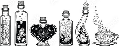 Mystical magic potion bottles illustration set with alchemy and fantasy elements
