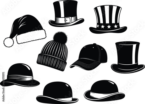 Collection of stylish hats vector illustration, black and white silhouette set including top hat, baseball cap, beanie and santa hat isolated