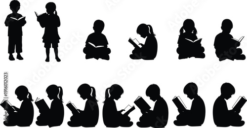 Large collection of children silhouettes reading books in standing and sitting poses isolated on white background