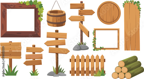 Wooden objects set illustration with signboards, frames, fence, barrel, logs and round plank, rustic cartoon vector elements isolated on white background.