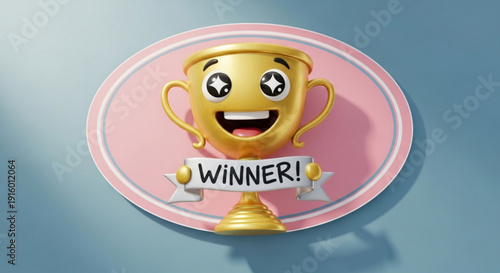 Smiling Golden Trophy Winner on Pink Background