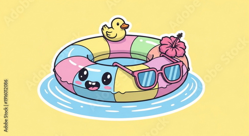 Colorful Inflatable Pool Ring with Sunglasses and Rubber Duck Floating on Water