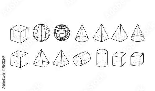 Hand-drawn 3D geometric shapes outline doodle vector icon set