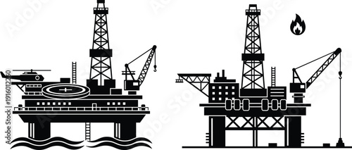 Offshore Oil Rig Platform Silhouette Vector Illustration with Drilling Tower, Crane, Helicopter and Industrial Petroleum Production Scene Energy Extraction Concept Art