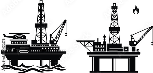 Offshore Oil and Gas Platform Silhouette Vector with Drilling Rig, Crane, Helicopter and Industrial Petroleum Production Energy Concept Illustration