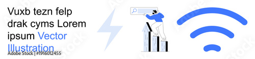 Internet technology, data analysis, digital search, connectivity, online services, wireless networks. Person viewing a search bar above graphs, large wireless and lightning symbols. Digital search