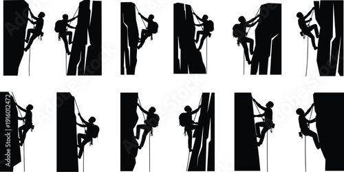 Rock climber silhouette vector illustration set, black and white mountaineering figures scaling steep cliff walls isolated on light background adventure sport concept