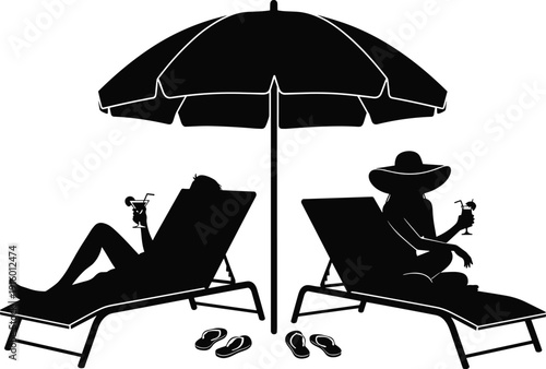 Romantic couple relaxing on beach loungers under umbrella with cocktails summer vacation silhouette vector