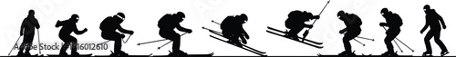 Sequence of skier silhouettes performing downhill skiing and jump tricks isolated on white background
