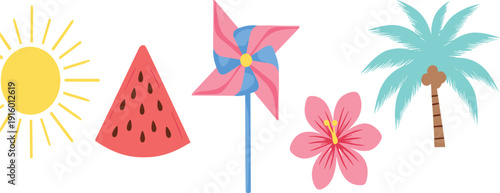 Cute summer icons set with sun watermelon pinwheel flower palm tree