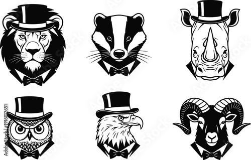 Vintage gentleman animal heads vector set, lion badger rhinoceros owl eagle ram wearing top hat and bow tie illustration collection