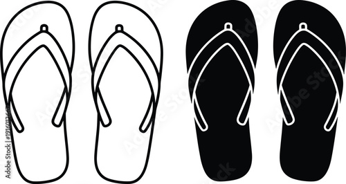 Vector illustration of flip flops in line art and black silhouette styles for summer beach vacation footwear branding and casual lifestyle design