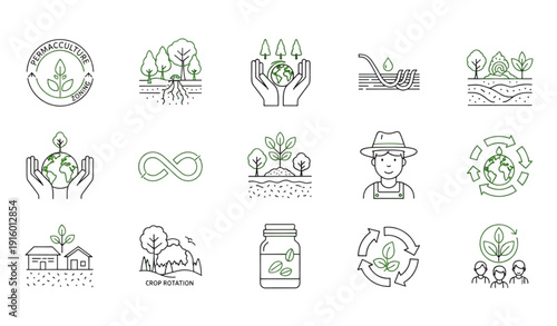 Permaculture Universe Monoline Icon Pack Featuring Rewilding Soil Systems and Sustainable Farming Concepts