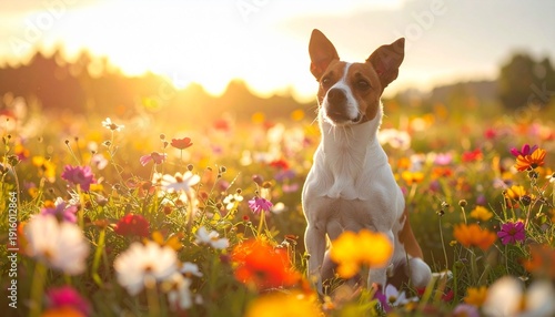 A cute white and brown Jack Russell terrier puppy and a majestic horse stand together in a lush green meadow, a portrait of adorable domestic animals enjoying nature in the field
