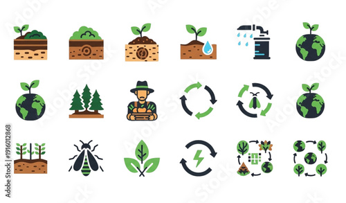 Regenerative Permaculture Solid Glyph Icon Set with Ecology Farming Soil and Rewilding Symbols