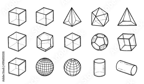 3D geometry doodle icons set with hand-drawn outline geometric vector shapes