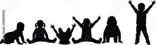 Set of children silhouettes sitting, crawling and playing with raised hands isolated on white background