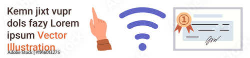 Communication, certification, broadband access, data security, wireless technology, remote work. A hand pointing, wireless signal and a certified document. Connectivity and certification concepts