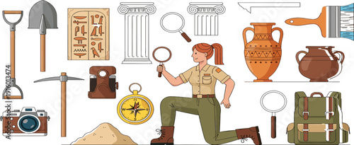 Archaeology exploration illustration set with archaeologist, ancient artifacts, tools, columns, pottery and discovery elements for history research vector design