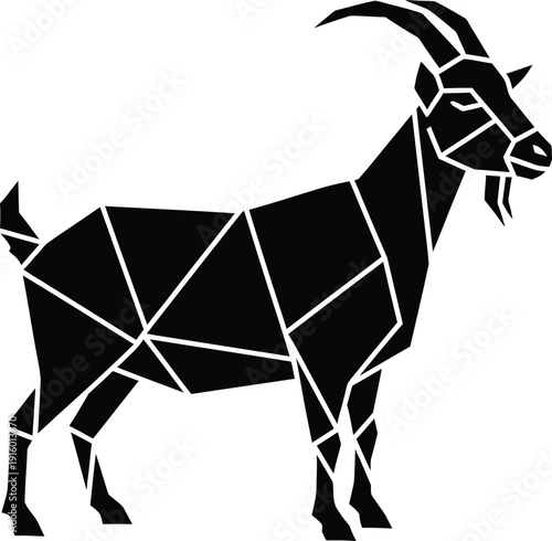 a goat silhouette, geometric shapes, white background, minimalist design, high contrast, no colors other than black and white. Sharp edges, simple elegant silhouette art style