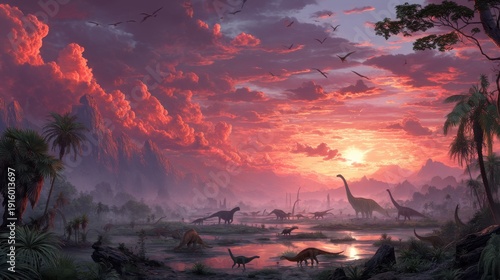 Prehistoric Dinosaurs at Sunset Landscape