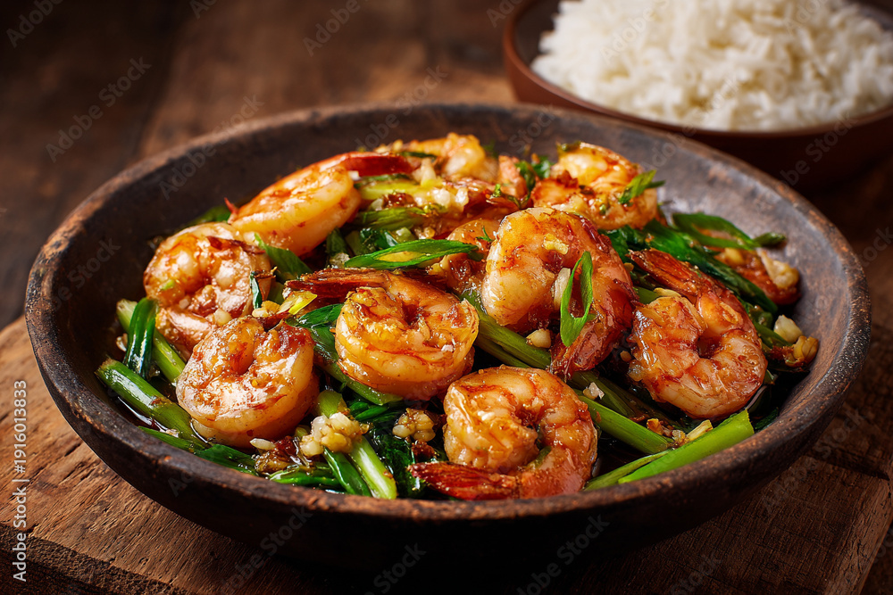 Fototapeta premium Stir-fried Shrimp with Garlic
