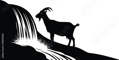 a silhouette of a goat standing beside a cascading waterfall, white background, minimalist design, high contrast, no colors other than black and white. Sharp edges, simple elegant silhouette art style