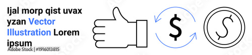 Financial approval, exchange, business strategy, currency transactions, online payment systems, banking. Thumbs up and currency symbols with arrows. Financial approval and exchange visualization