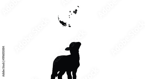 A silhouette of a lamb looking up at a full moon.  Focus on the shape and texture of the lamb