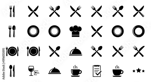Restaurant dining and food service icon set cutlery plate menu cafe symbols