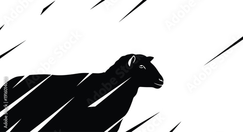 a silhouette of a sheep caught in a blizzard, white background, minimalist design, high contrast, no colors other than black and white. Sharp edges, simple elegant silhouette art style