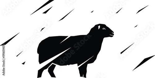 a silhouette of a sheep caught in a blizzard, white background, minimalist design, high contrast, no colors other than black and white. Sharp edges, simple elegant silhouette art style