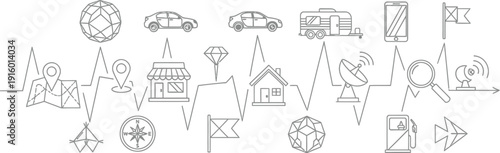 A complex electronic heartbeat line displays various technology and travel icons representing data flow and consumer interests across a digital landscape.