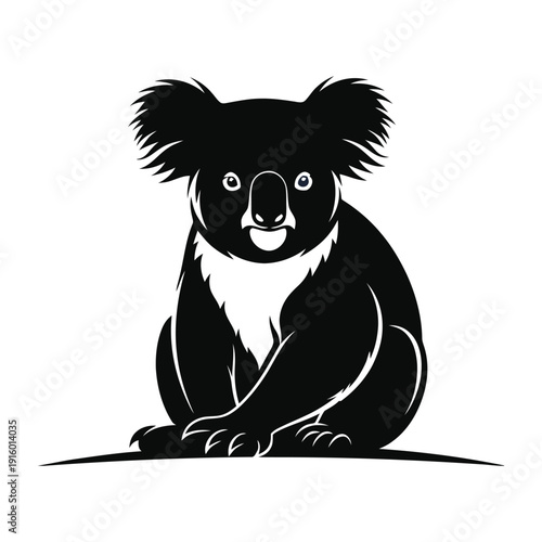 Black and White Koala Silhouette Icon: Stylized Graphic Design Element with Fluffy Ears, White Background, Perfect for Logos & Branding