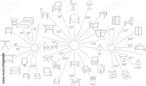 Abstract diagram illustrates various pieces of furniture and lighting connected by angular lines and degree measurements to central nodes.