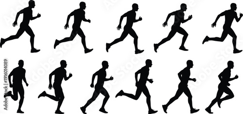 Set of running man silhouettes in different jogging and sprint poses isolated on white background