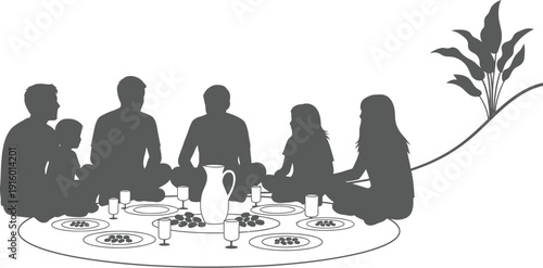 A family enjoys a picnic meal outdoors, sharing food and conversation together.