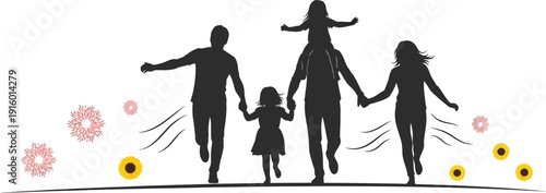 A silhouetted family of five runs together holding hands, with a child on shoulders, against a white background with floral and sun motifs.