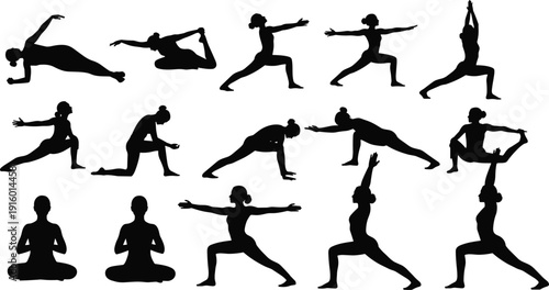 Set of yoga silhouettes performing various asanas and stretching poses isolated on white background, fitness and wellness concept