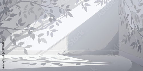 Sunlight streams into a bright, minimalist room, casting beautiful and intricate shadows of tree branches and leaves onto the walls and floor.
