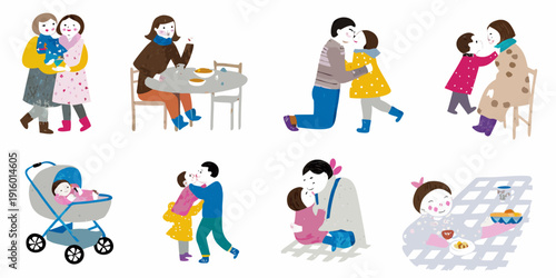 Illustrations depict loving family moments hugs meals and playful interactions