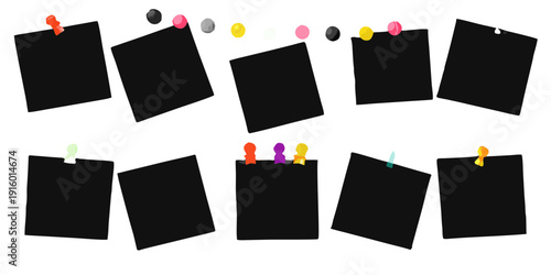 Colorful push pins attached to blank dark rectangular notes on black background