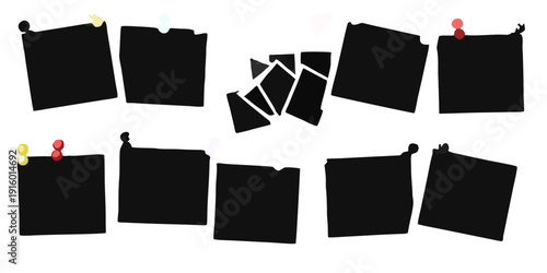 Black cards with colorful pushpins scattered on a dark background