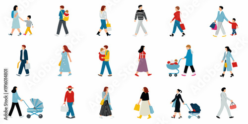 Diverse group of people walking illustrated in a flat minimalist style