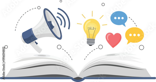 An open book releases icons representing communication, ideas, engagement, and sound from its pages into the air.