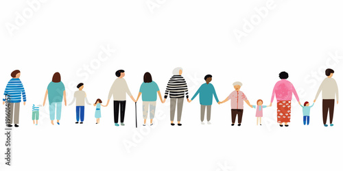Diverse group of people holding hands in a united line formation