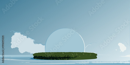 Minimalist illustration of a small island with a dome and clouds