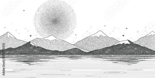 Stippling illustration displays a stark, monochromatic mountain range reflected perfectly in a large body of still water under a textured moon.