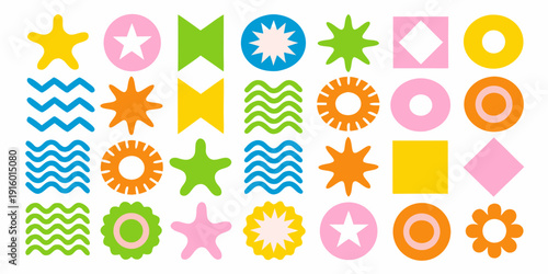 A colorful arrangement of various geometric shapes and playful patterns