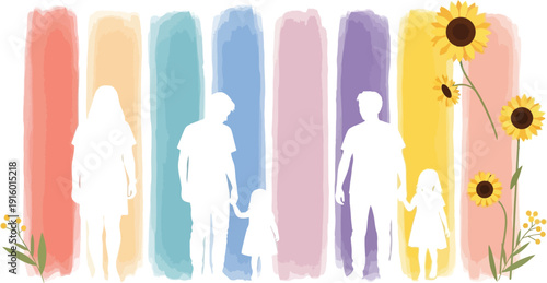 Silhouettes of various family members stand against colorful watercolor brushstrokes accented by bright yellow sunflowers.